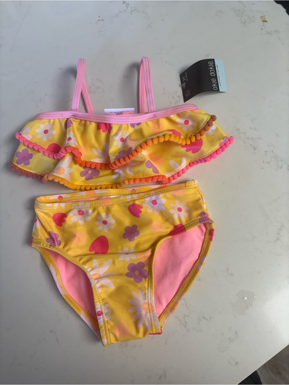 okie dokie Yellow and Pink Floral Ruffle Bikini Top and Bottom